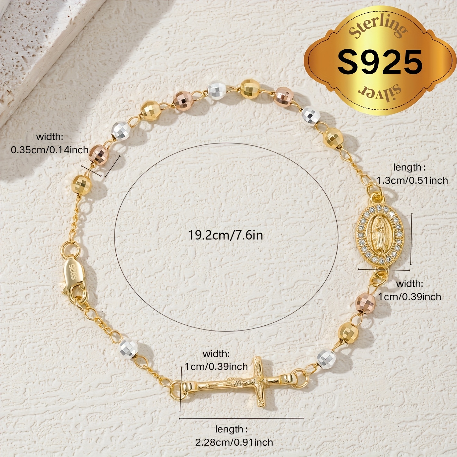 S925 Silver Virgin Mary Cross Rosary Bracelet